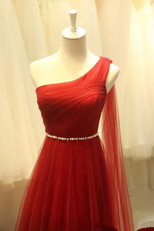 Beautiful One Shoulder Wine Red Junior Prom Dress, Bridesmaid Dresses