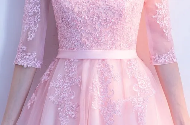 Beautiful Pink Tulle with Lace 1/2 Sleeves Party Dress, Pink Long Bridesmaid Dress