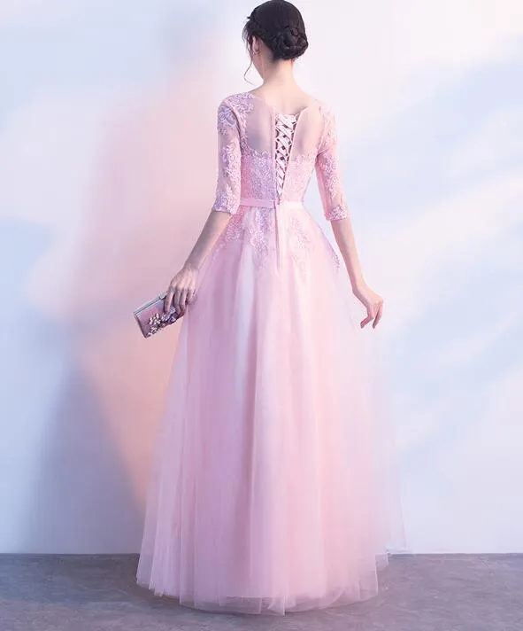 Beautiful Pink Tulle with Lace 1/2 Sleeves Party Dress, Pink Long Bridesmaid Dress