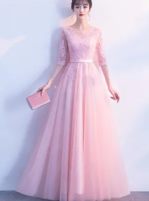 Beautiful Pink Tulle with Lace 1/2 Sleeves Party Dress, Pink Long Bridesmaid Dress