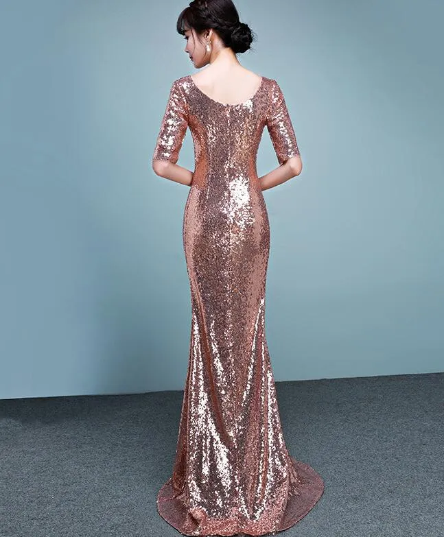 Beautiful Rose Gold Sequins Mermaid Bridesmaid Dress, Long Wedding Party Dresses