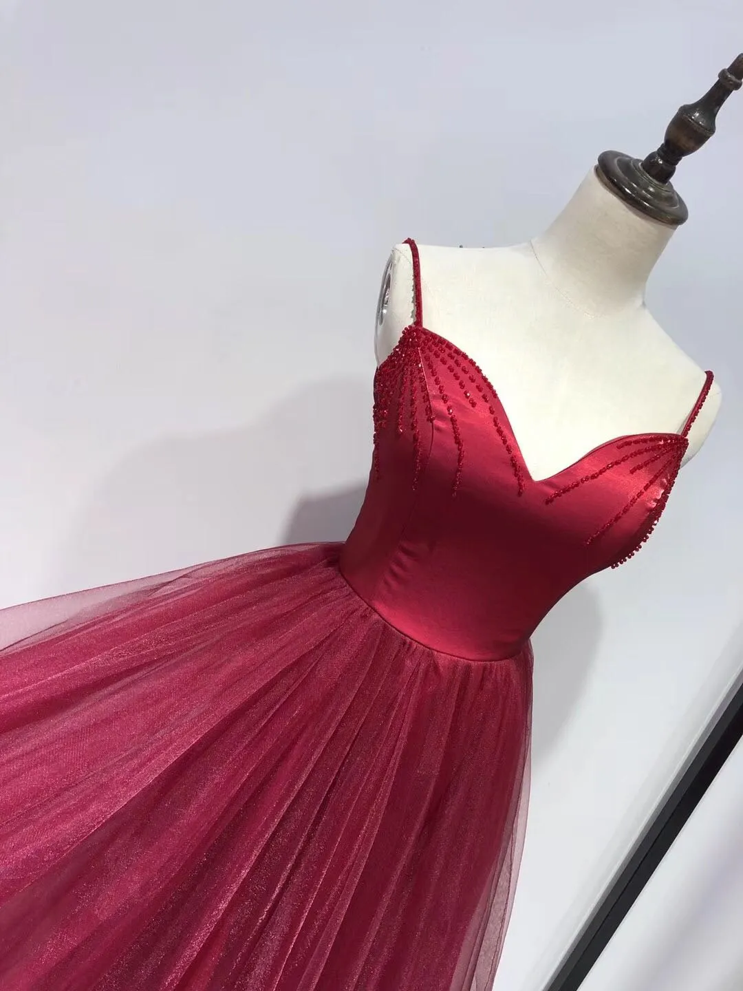 Beautiful Wine Red Straps Beaded Tea Length Wedding Party Dress, Prom Dress