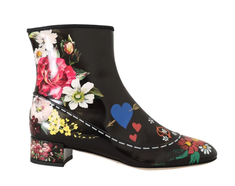 Black Leather Floral Ankle Boots