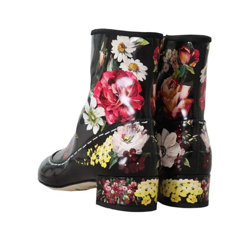 Black Leather Floral Ankle Boots