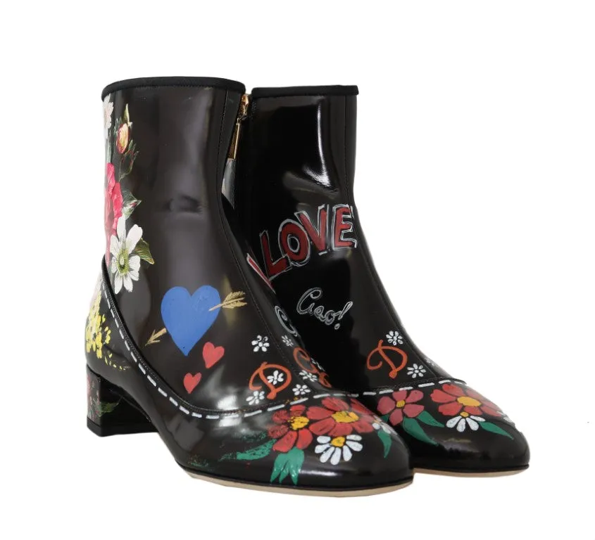 Black Leather Floral Ankle Boots