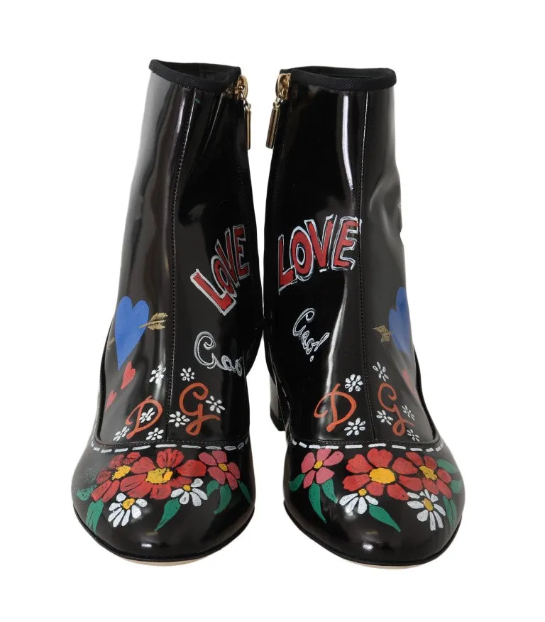 Black Leather Floral Ankle Boots