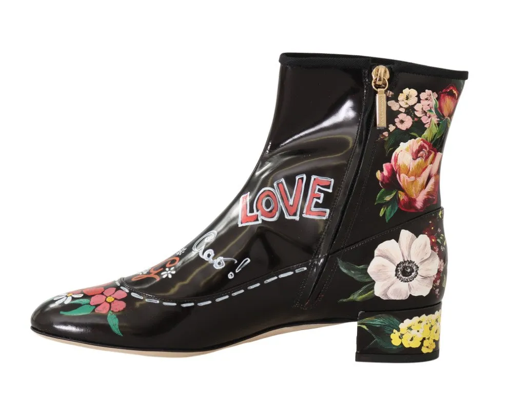 Black Leather Floral Ankle Boots