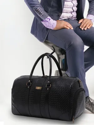 Black Textured Travel Duffle Bag With Shoe Pocket