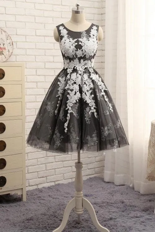 Black Tulle with White Lace Round Neckline Knee Length Homecoming Dresses, Cute Party Dresses