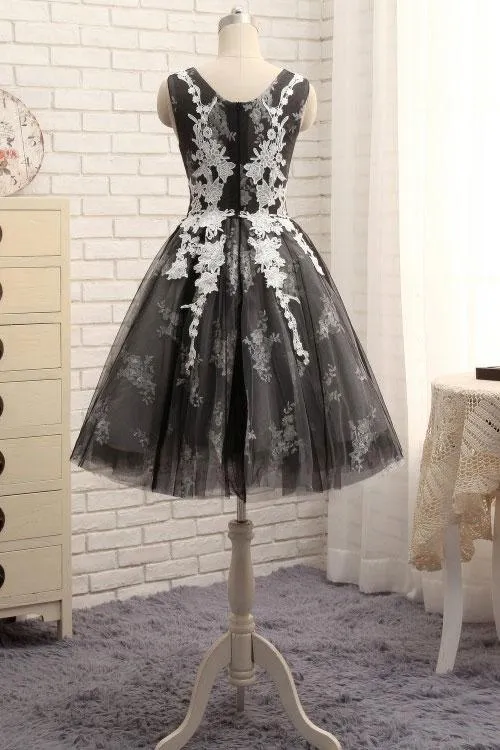 Black Tulle with White Lace Round Neckline Knee Length Homecoming Dresses, Cute Party Dresses