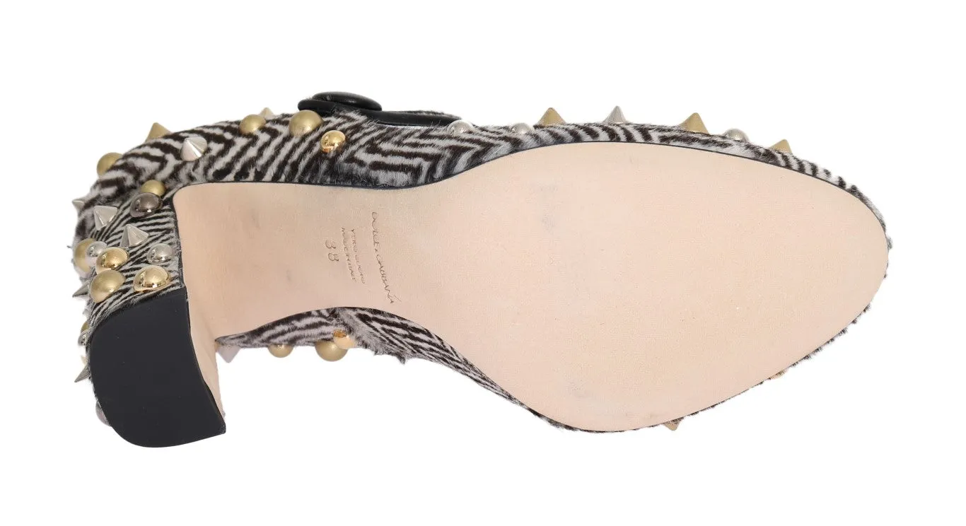 Black White Pony Hair Studded Leather Shoes