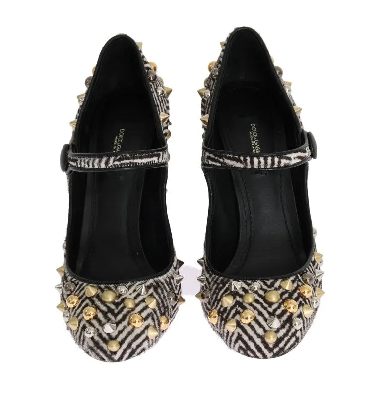 Black White Pony Hair Studded Leather Shoes