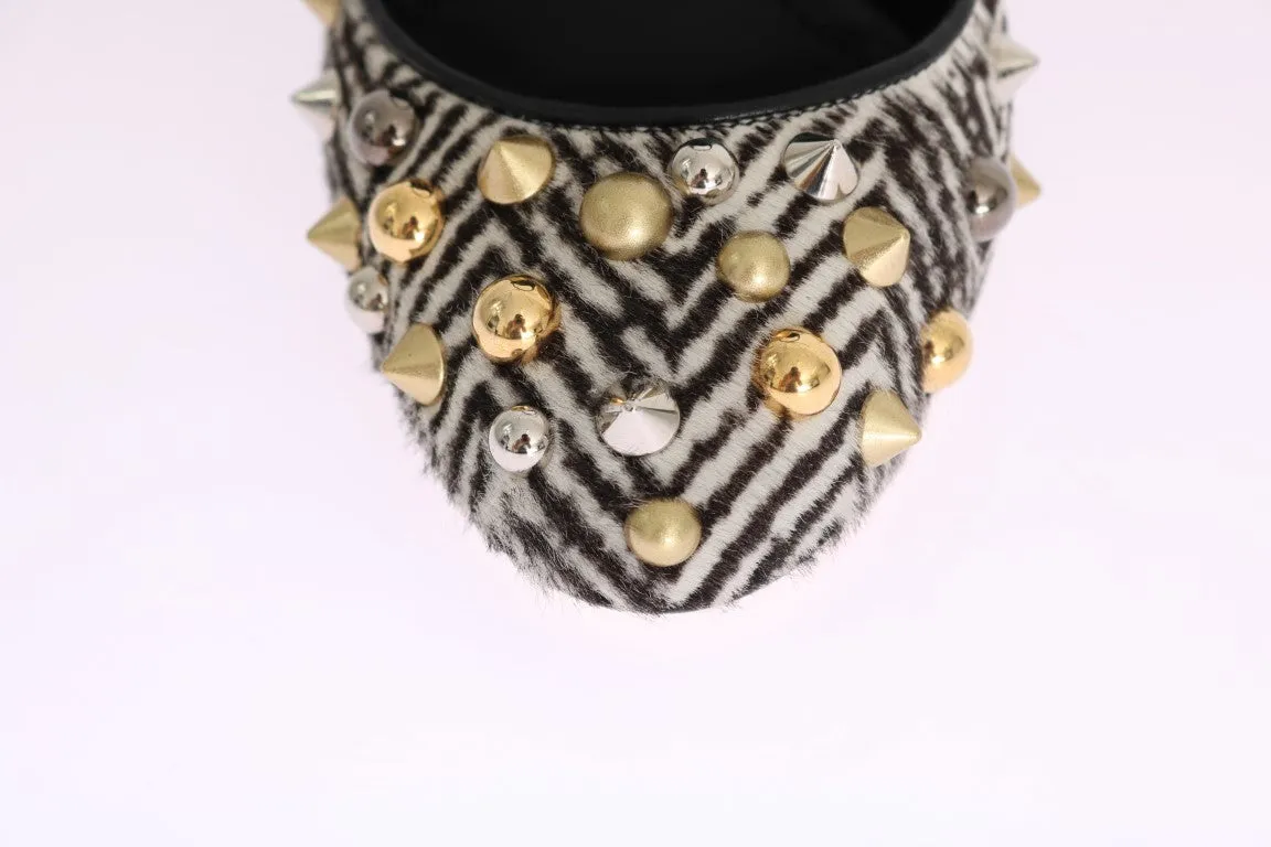 Black White Pony Hair Studded Leather Shoes