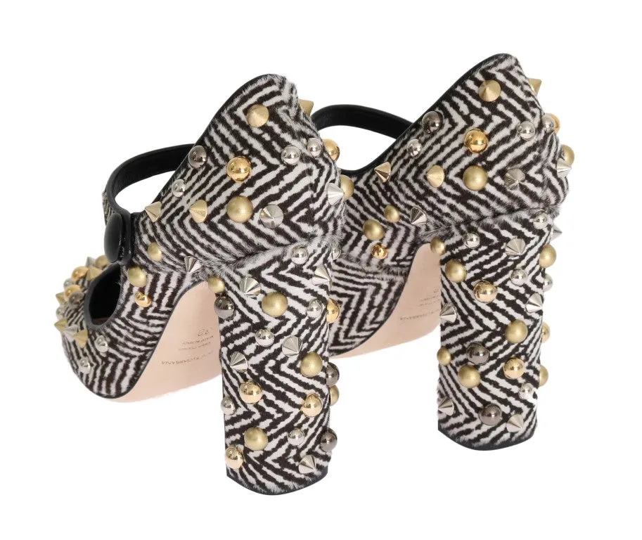 Black White Pony Hair Studded Leather Shoes