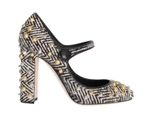 Black White Pony Hair Studded Leather Shoes