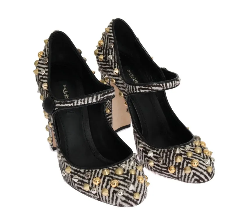 Black White Pony Hair Studded Leather Shoes