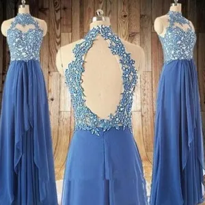 Blue Halter Prom Dresses Blue Long Prom Dress Lace Evening Dress