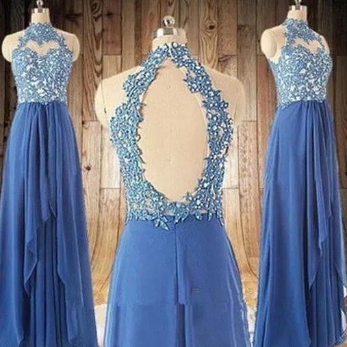 Blue Halter Prom Dresses Blue Long Prom Dress Lace Evening Dress