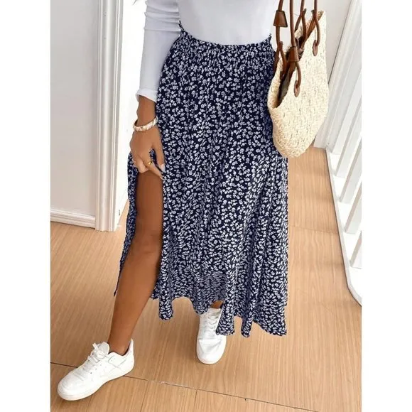 Boho floral print maxi skirt thigh slit black white