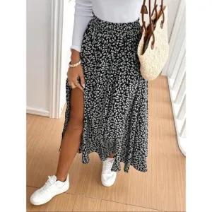 Boho floral print maxi skirt thigh slit black white