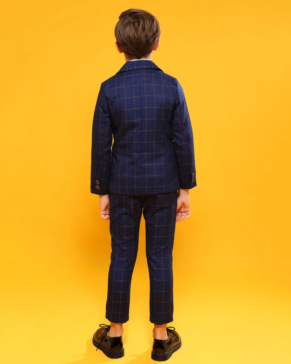 Boys' Blue Formal Suit  4 piece Dresswear suit set with checked vest,shirt and pants