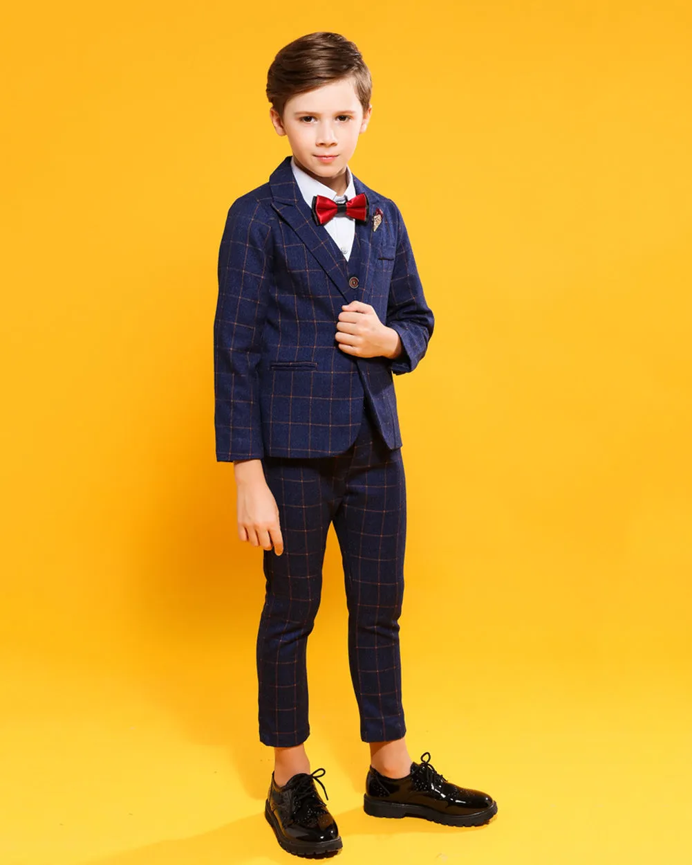 Boys' Blue Formal Suit  4 piece Dresswear suit set with checked vest,shirt and pants
