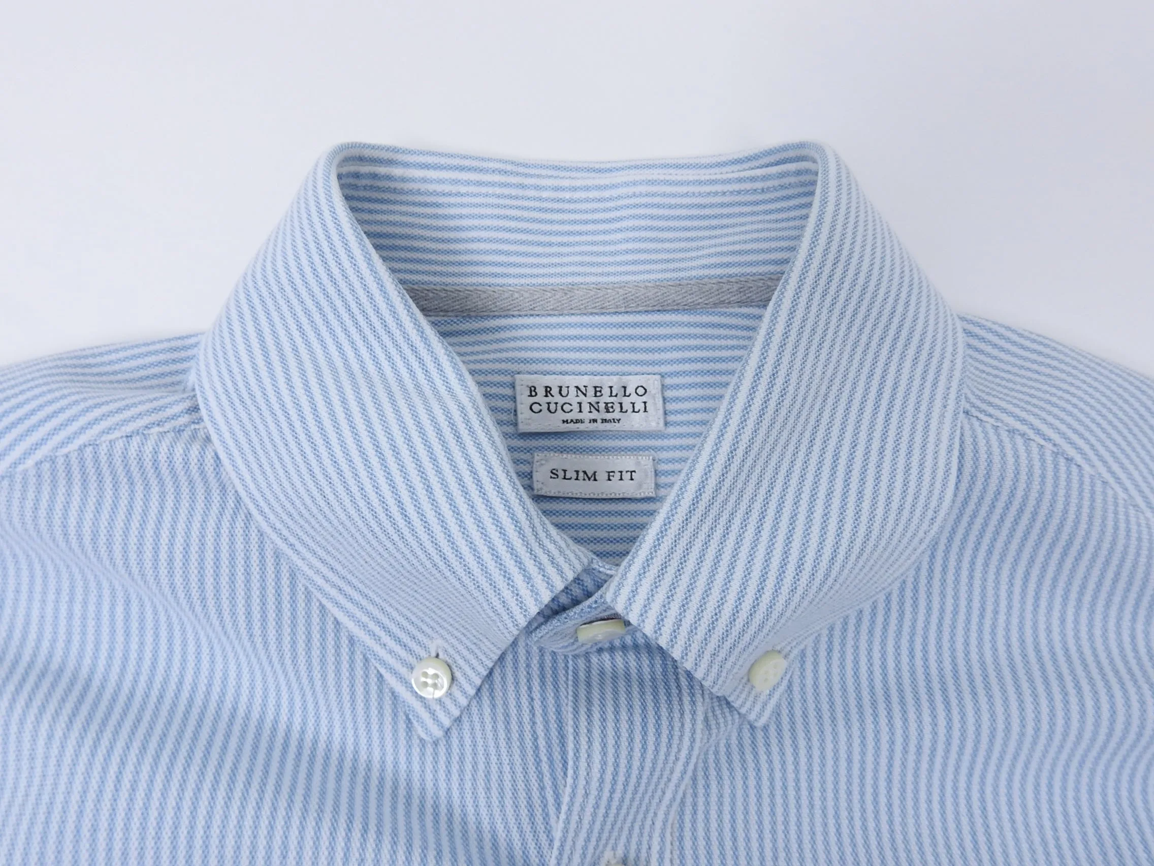Brunello Cucinelli Blue and White Striped Button Down Oxford - L