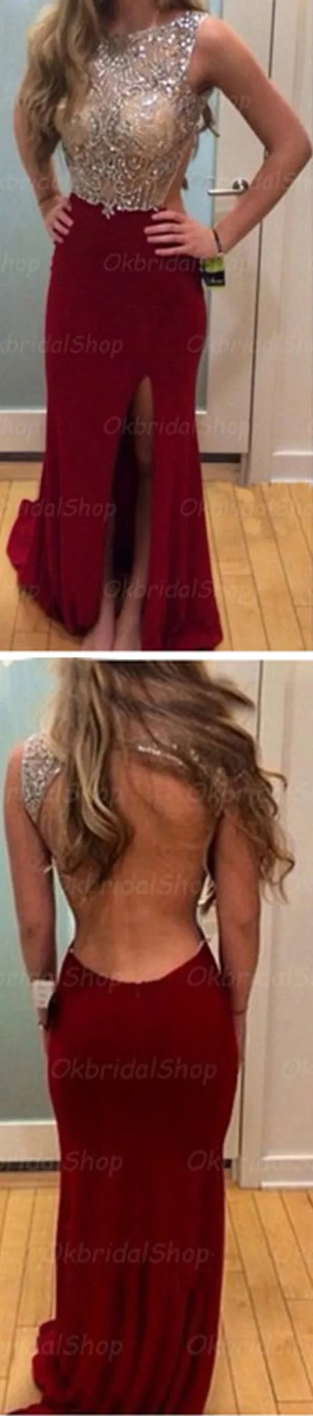 Burgundy Sexy Mermaid Inexpensive Long Backless Side Slit Prom Dress, BG51091