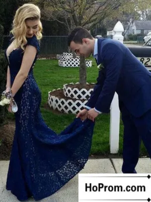 Cap Sleeve Lace Navy Blue Prom Dress Evening Dresses