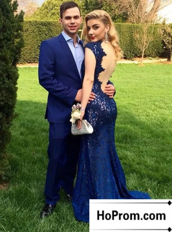 Cap Sleeve Lace Navy Blue Prom Dress Evening Dresses
