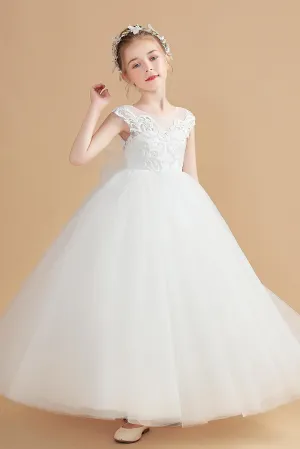 Cap Sleeves Ivory Tulle Flower Girl Dresses With Bow-Knot