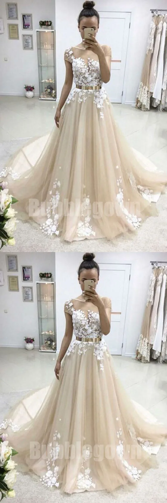 Cap Sleeves Tulle Applique Charming Cheap Long Evening Prom Dresses, BGP041