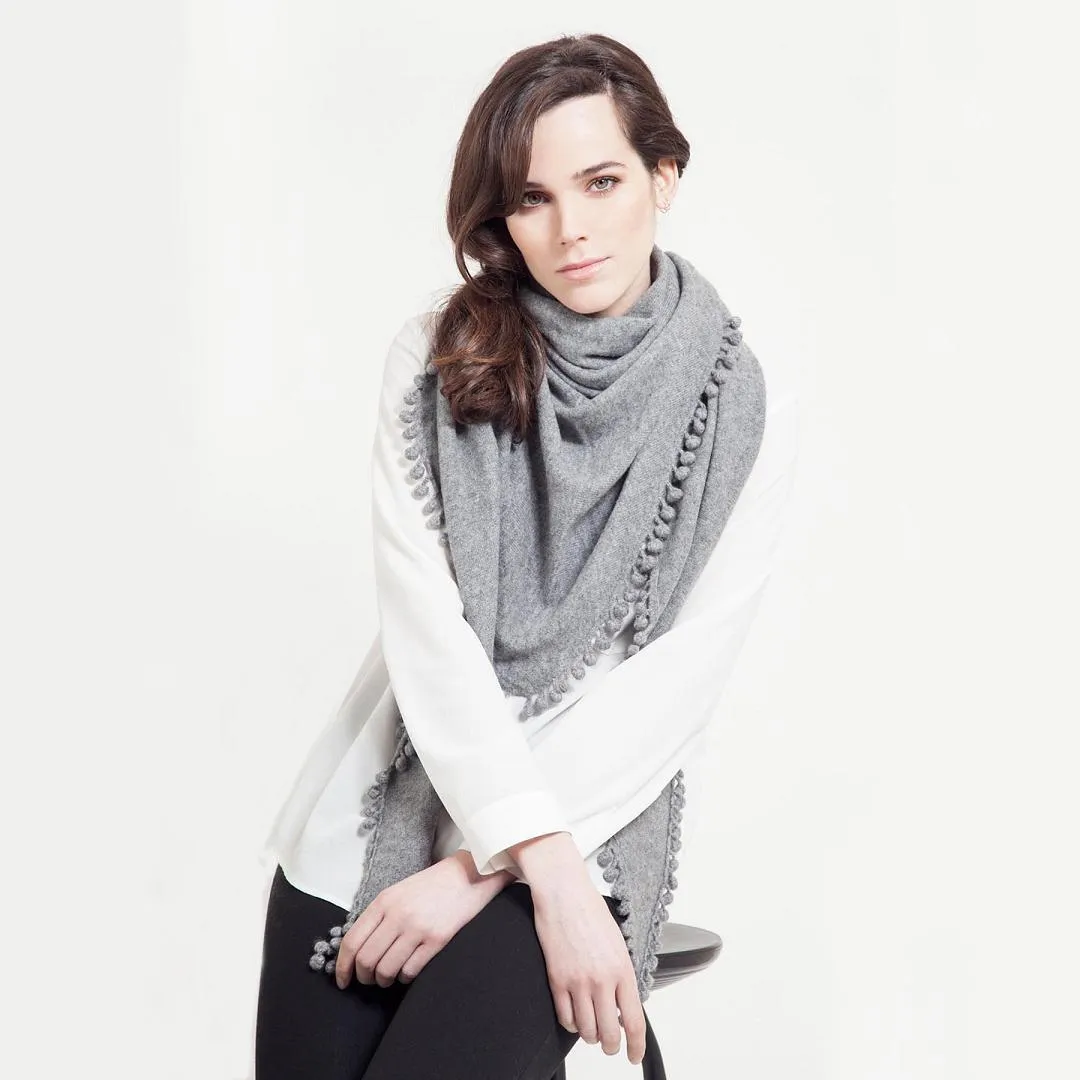 Cashmere Pom Pom Triangle Wrap in Birch