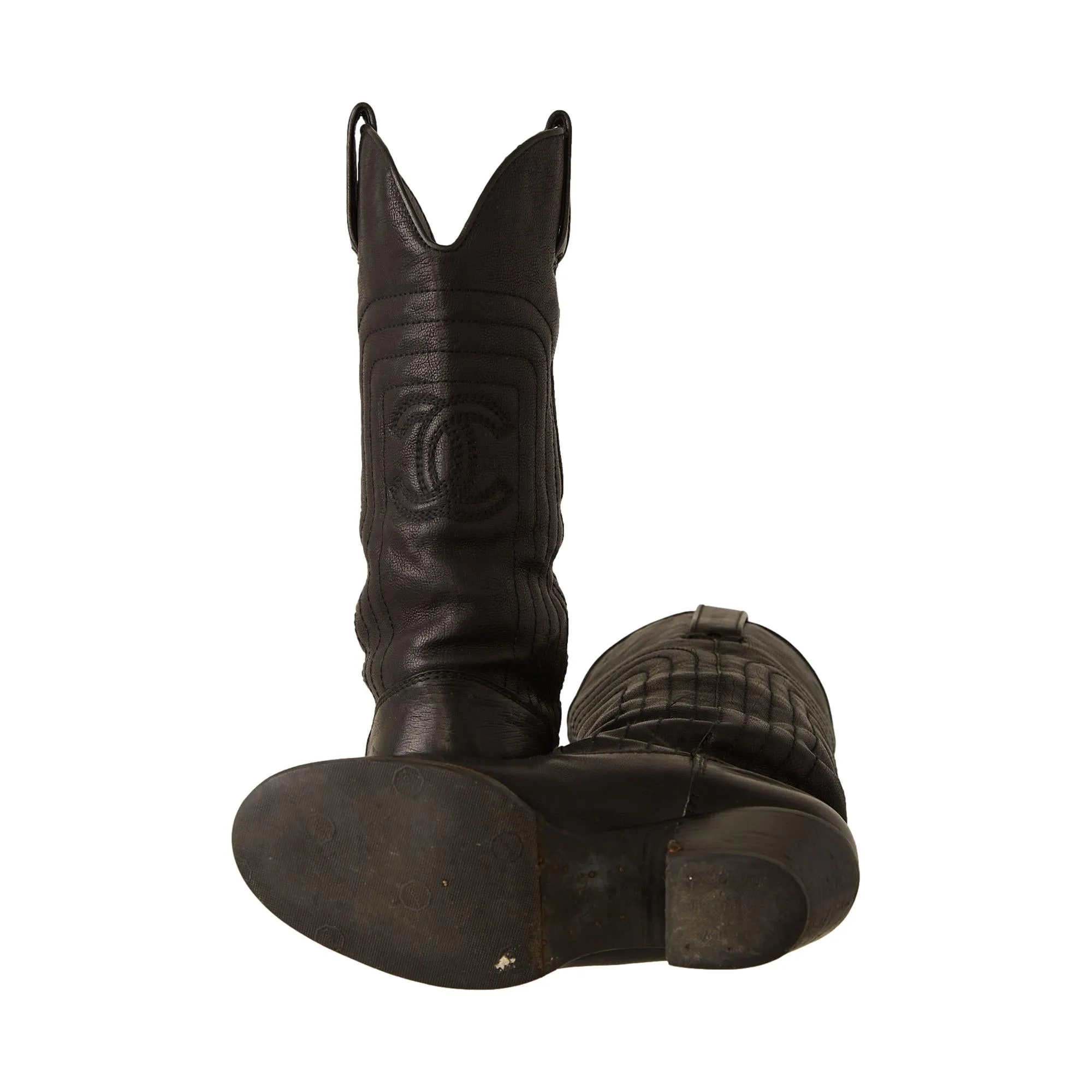 Chanel Black Leather Logo Cowboy Boots