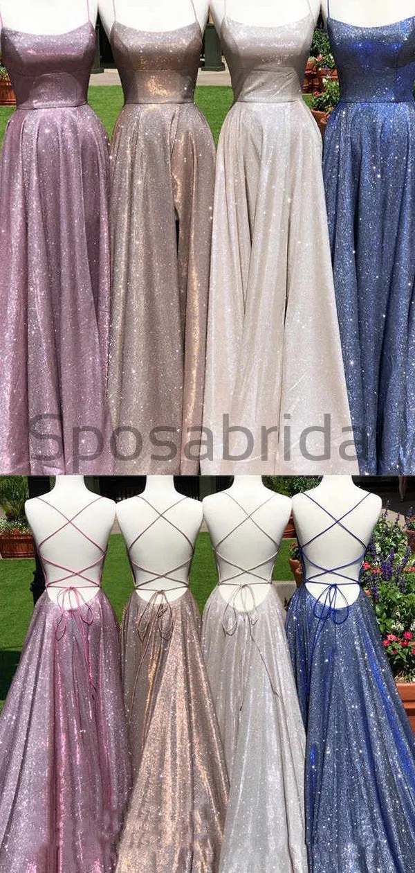 Charming A-line Sparkly Spaghetti Straps Long Vintage Shining Simple Prom Dresses PD1767