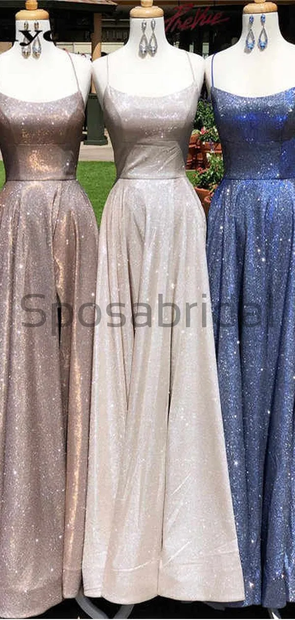 Charming A-line Sparkly Spaghetti Straps Long Vintage Shining Simple Prom Dresses PD1767
