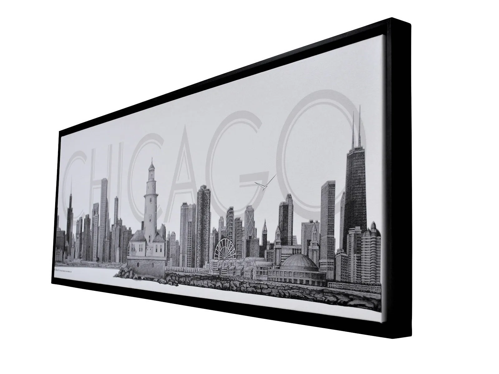 CHICAGO Skyline Canvas Fine Art Pencil Illustration With Floating Frame