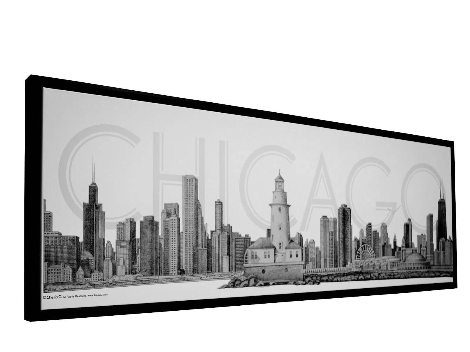 CHICAGO Skyline Canvas Fine Art Pencil Illustration With Floating Frame
