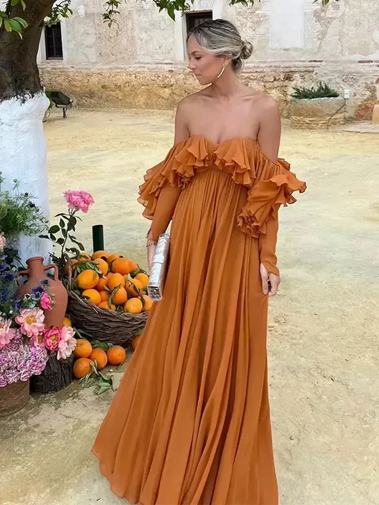 Classic Chiffon Evening Dresses Ruffles A Line Long Prom Gowns    fg7465