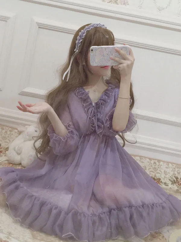 Classic Lolita OP Dress Ruffle Chiffon Lilac Lolita One Piece Dress