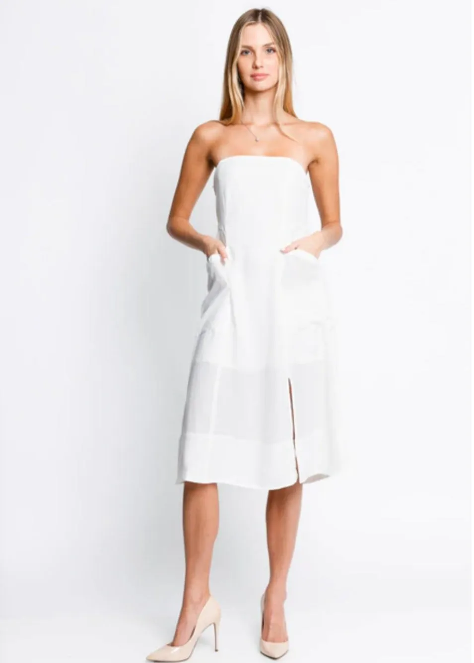 Classic Strapless White Pocket Dress