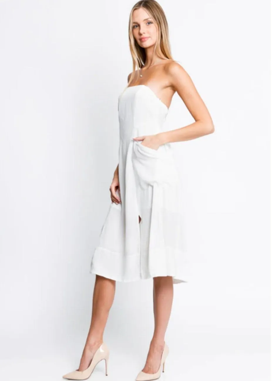 Classic Strapless White Pocket Dress