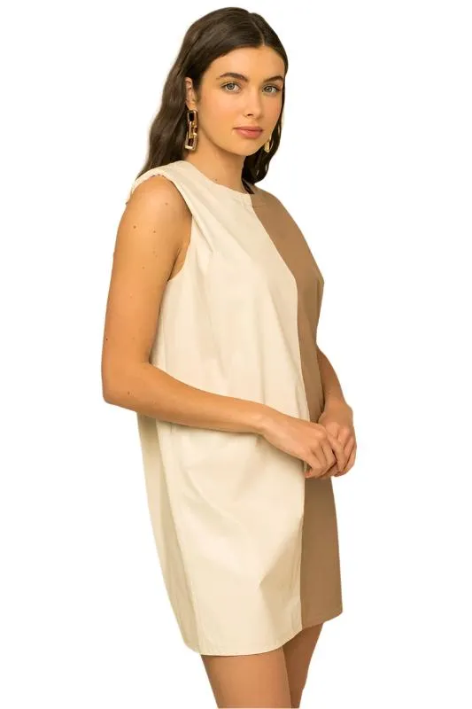 Color Block Faux Leather Dress With  Power Shoulder