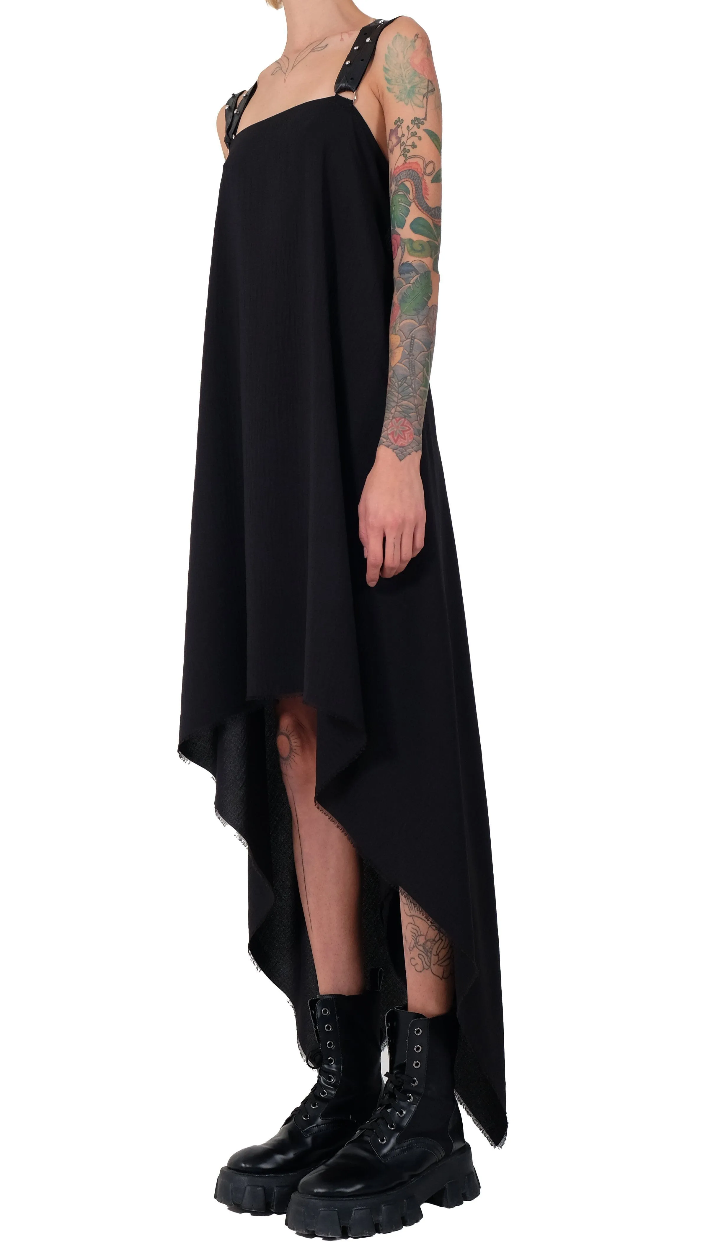 Creased Cotton Dress with Leather Straps