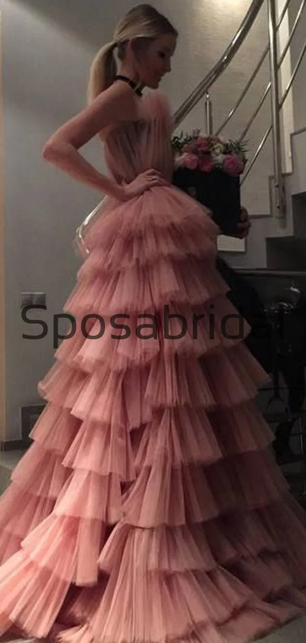 Custom Yellow Tulle Pink Unique Design Elegant Formal Modest Prom Dresses, PD1878
