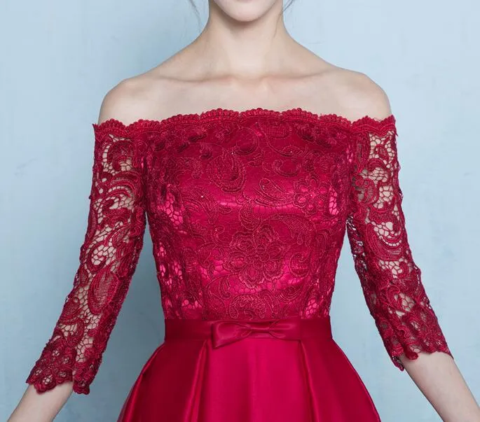 Cute Red Off Shoulder Lace and Stain Short Prom Dress, Red Bridesmaid Dress
