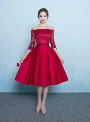 Cute Red Off Shoulder Lace and Stain Short Prom Dress, Red Bridesmaid Dress