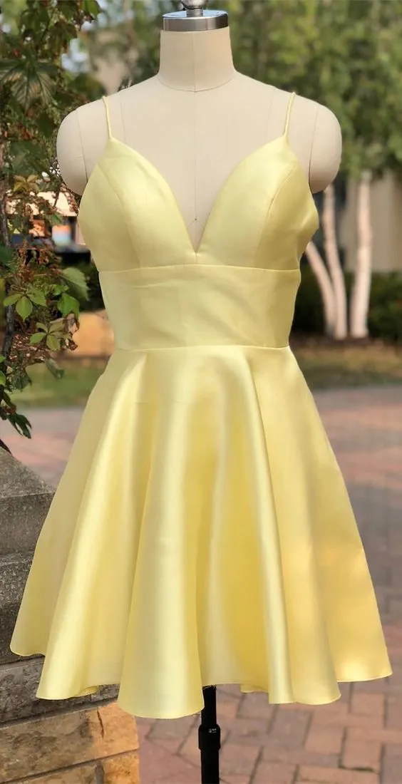 Cute Yellow Satin Short Straps Party Dress,Homecoming Dress