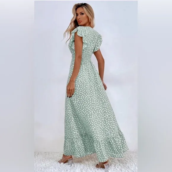 Dot print boho v neck ruffle sleeve maxi dress navy blue