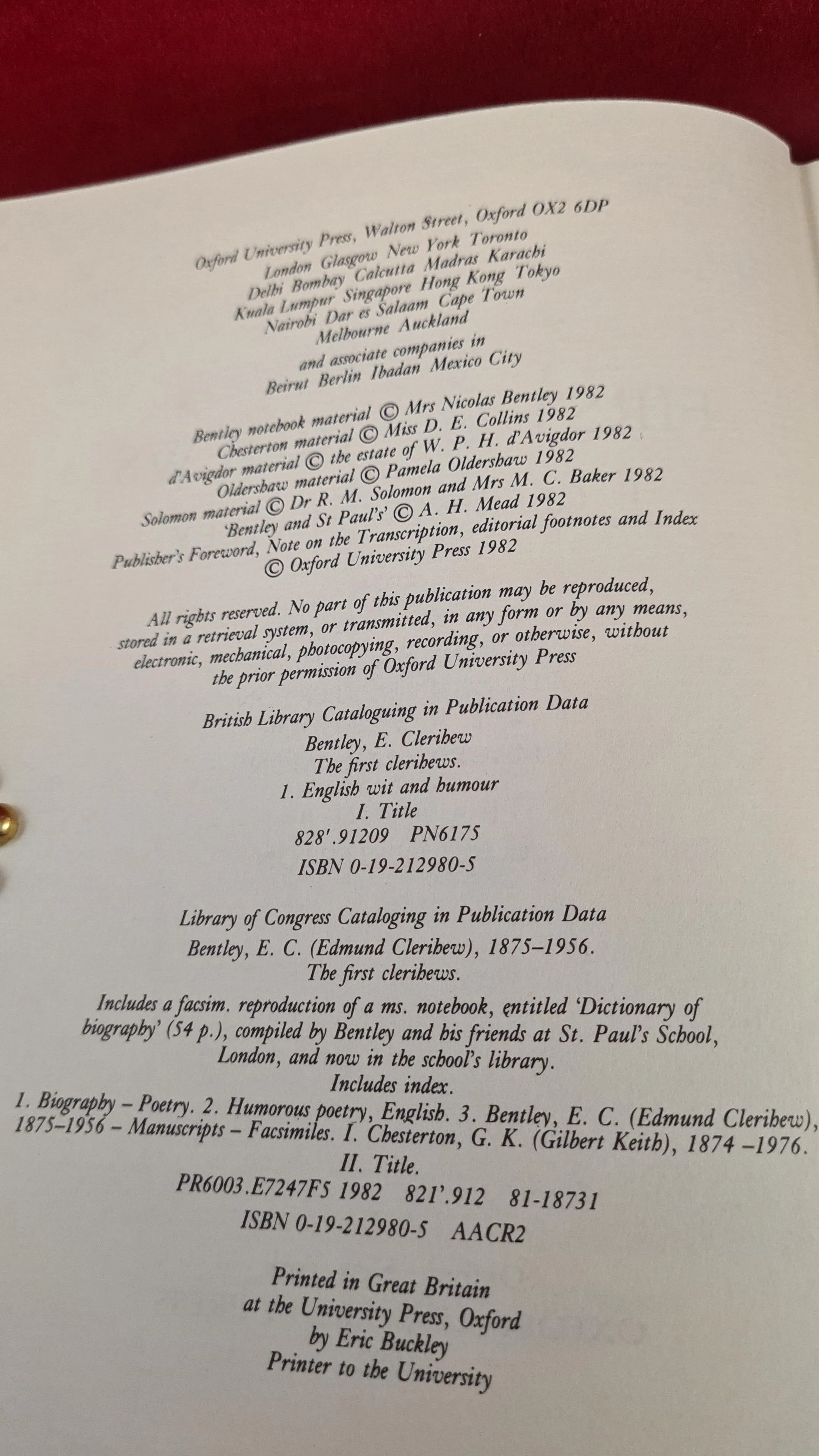 E Clerihew Bentley - The First Clerihews, Oxford University, 1982, First Edition